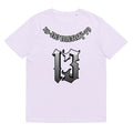 Loose grey cotton summer T-shirt with short sleeves and a round neck on a hanger.