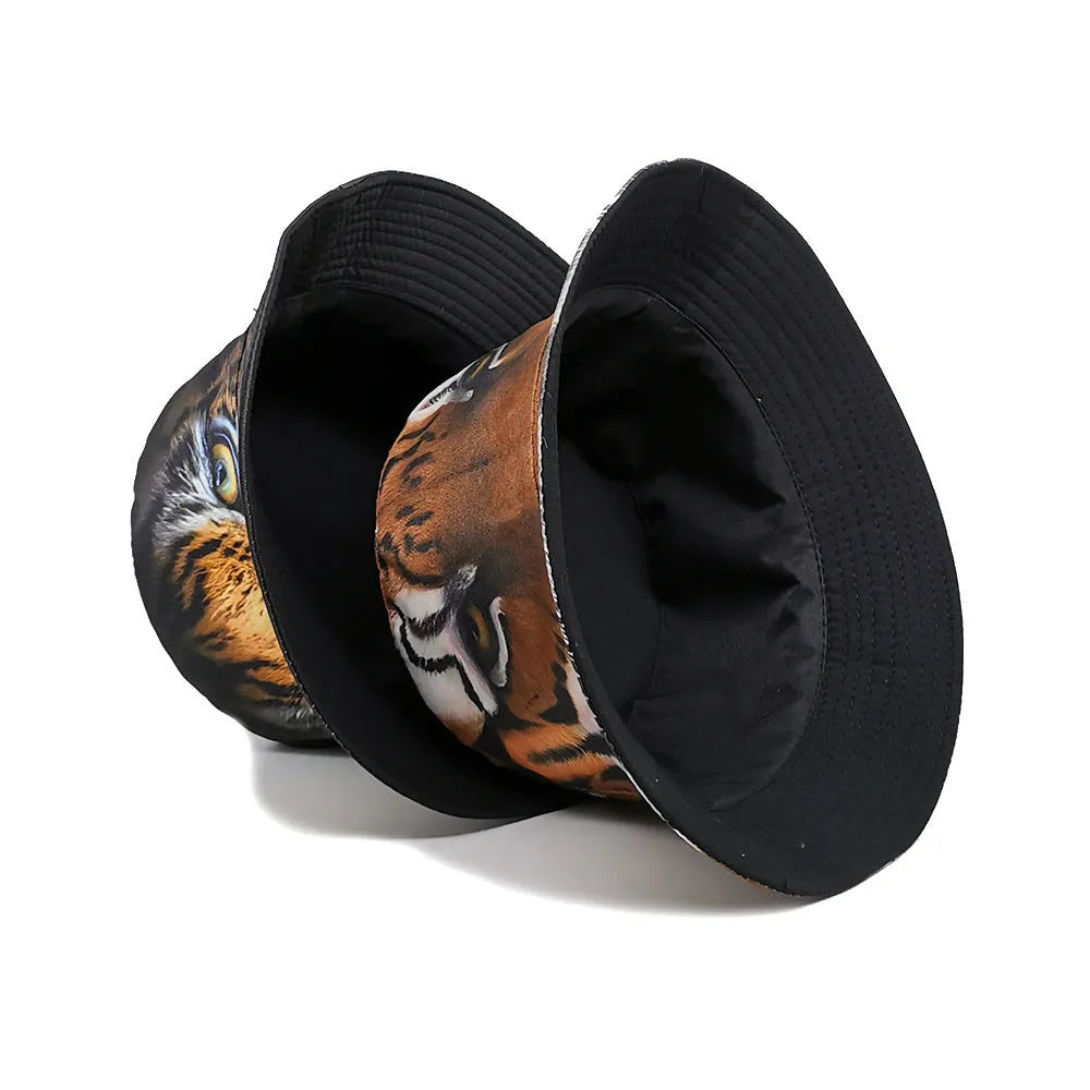Tiger Pattern Bucket Hat European and American Outdoor Sun Protection Cap Khaki Tiger Black Tiger Dome Crown M 56-58cm Polyester Four Seasons Retro Style Unisex