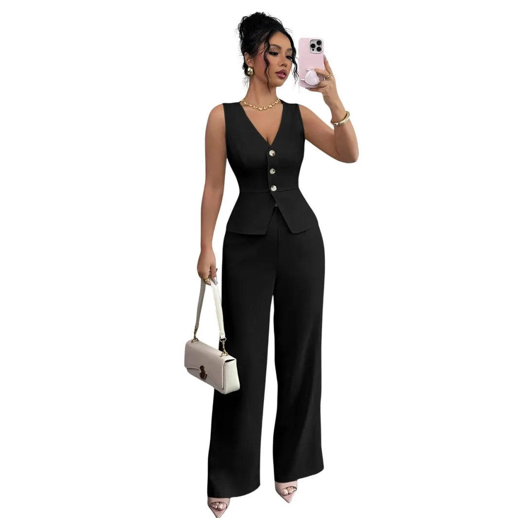 Women's black sleeveless vest and high waist trousers two-piece casual set.