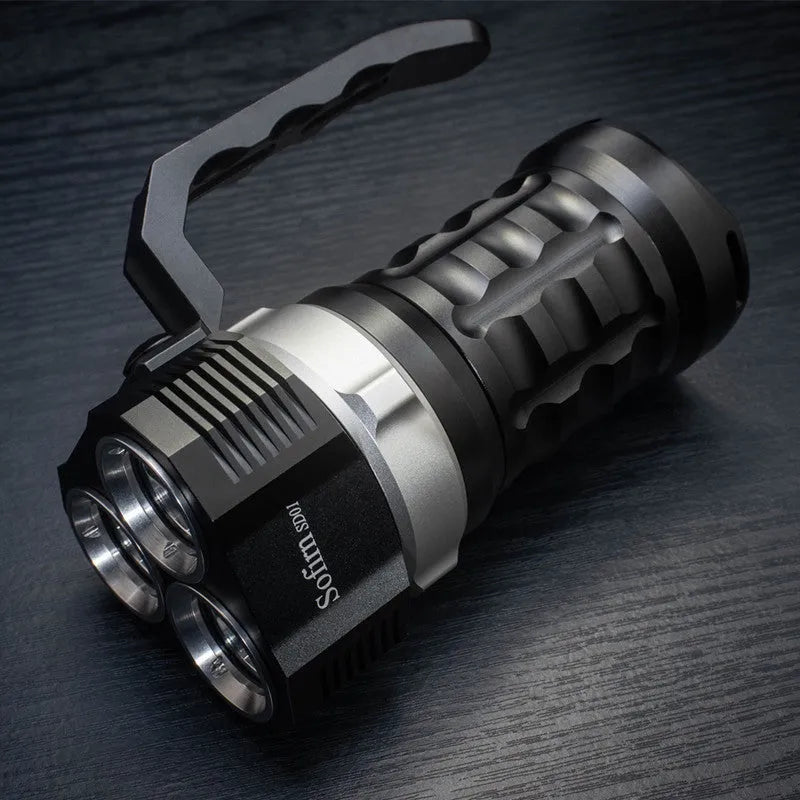 Aluminium alloy diving torch flashlight showing 18cm length and design for outdoor use.