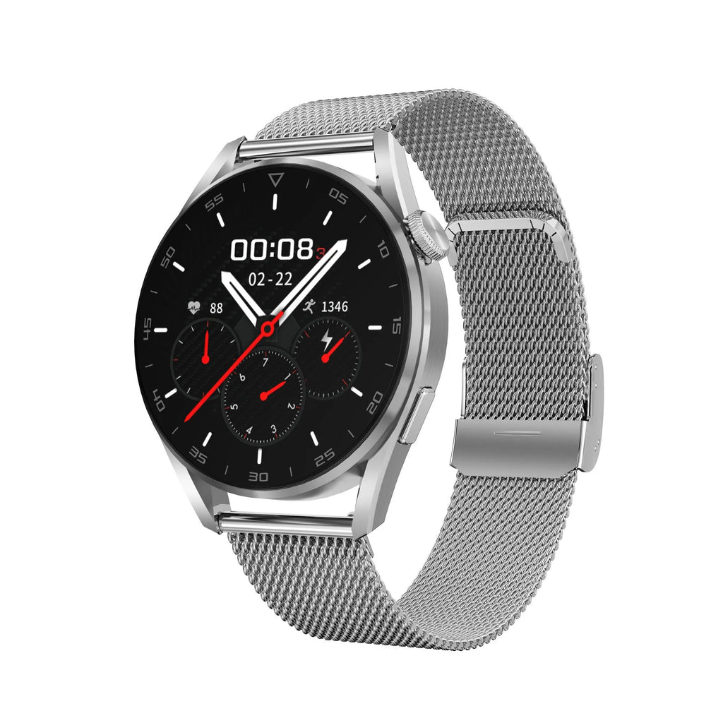 Black smartwatch with metal case and leather strap showing a call screen on its 1.3-inch display