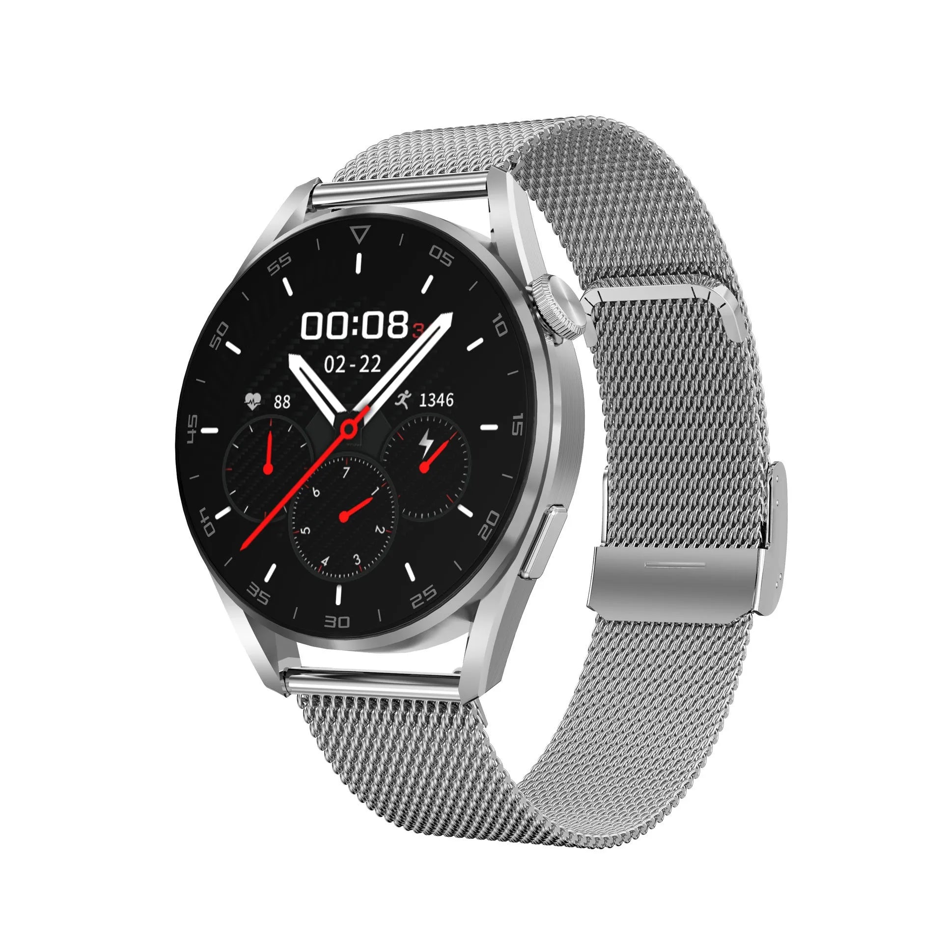 Black smartwatch with metal case and leather strap showing a call screen on its 1.3-inch display