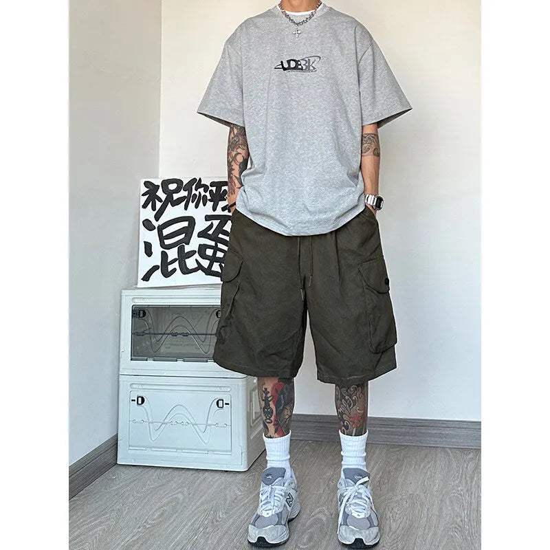 Men's straight leg casual shorts in American sports style with micro elastic polyester fabric
