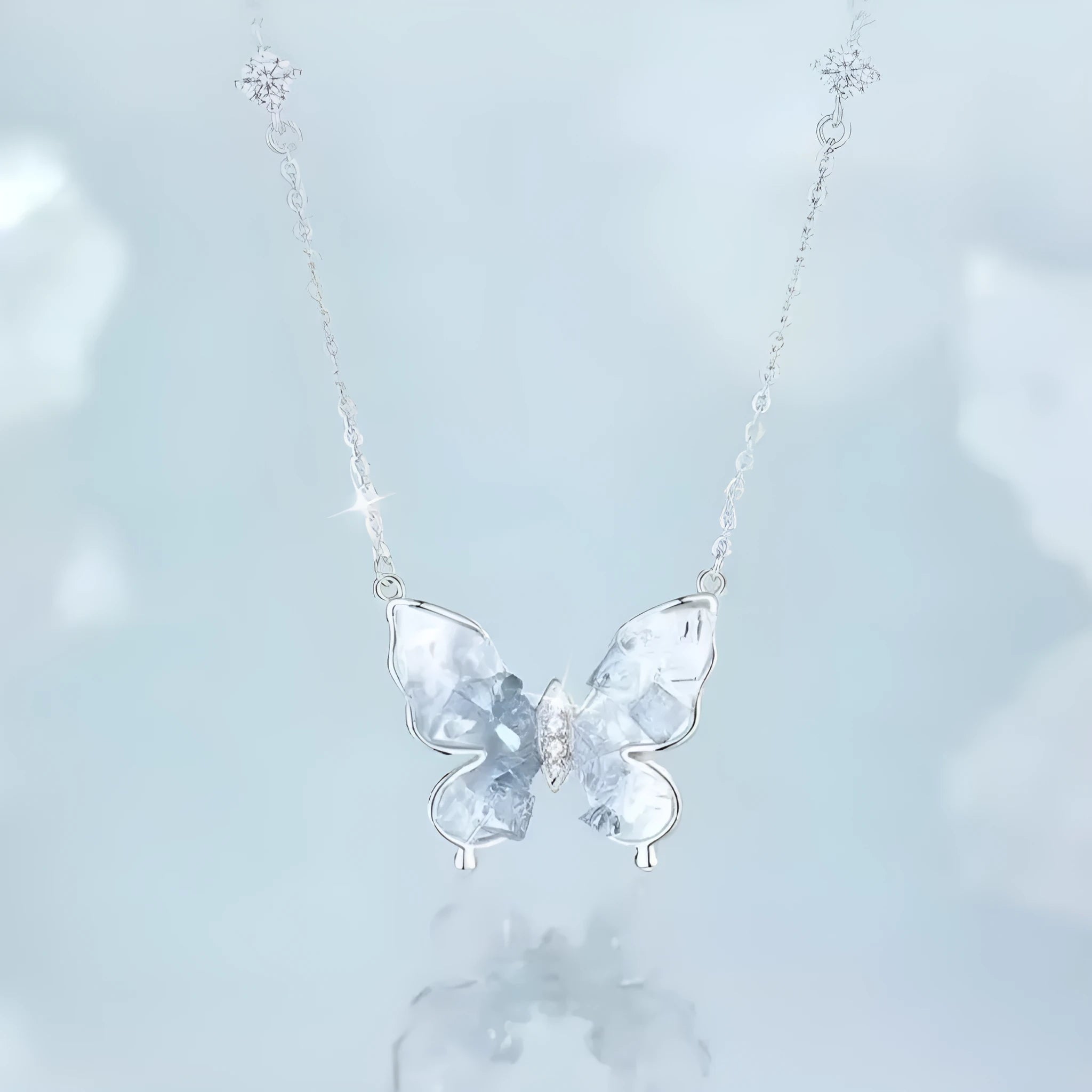 925 silver butterfly pendant necklace with ice rain detailing on 41-50cm O-ring chain