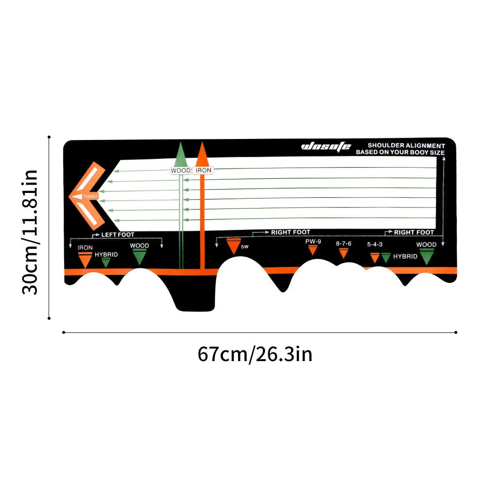 Black neoprene golf swing stance correction mat with alignment markings for practice