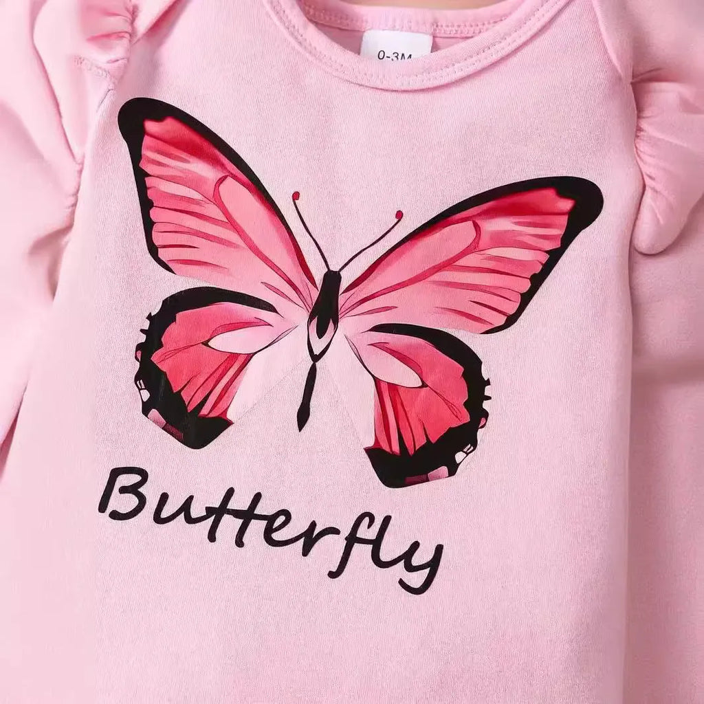 Baby girls summer two-piece set in peach with butterfly letter print short sleeve top and shorts on white background