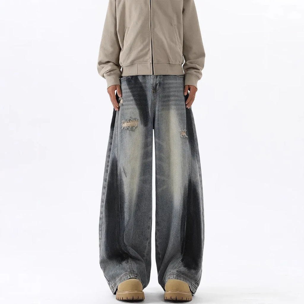 Men's blue American-style splash-ink ripped machete cotton jeans with micro elasticity
