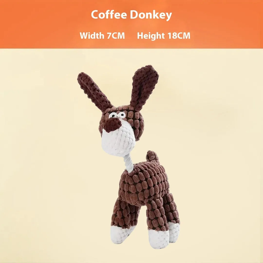 Assortment of soft plush pet toys: donkey, rechargeable duck, blue elephant, dizzy dog, and blink elephant.