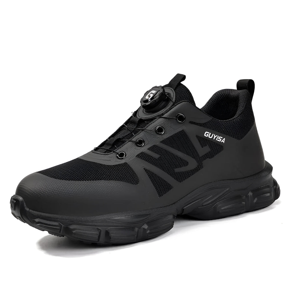 Lightweight safety shoes in black with Flyknit upper, steel toe, and TPU sole