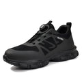 Lightweight safety shoes in black with Flyknit upper, steel toe, and TPU sole