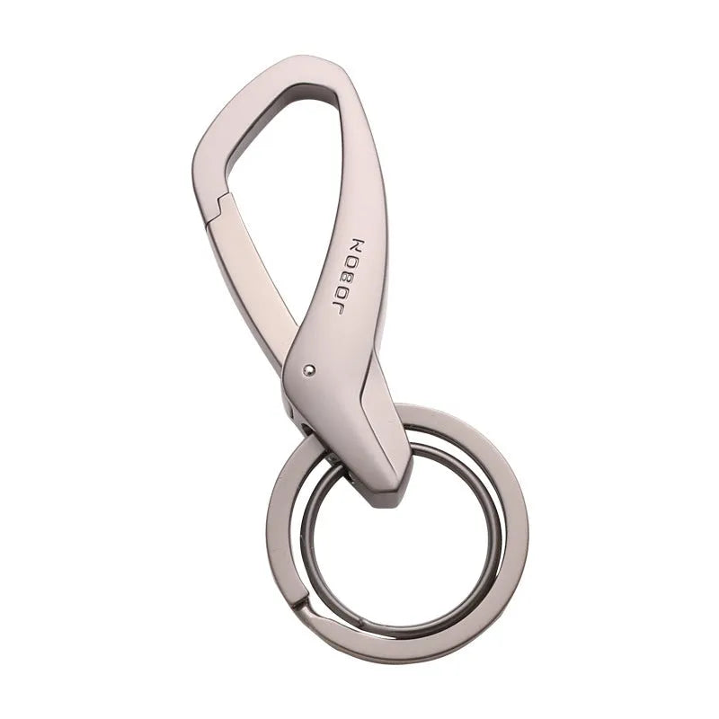 Zinc alloy double ring waist hanging keychain in black, chrome, or nickel finishes measuring 8.3x3.5cm