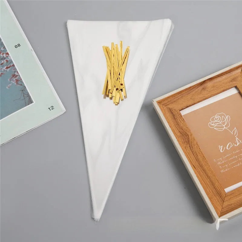 OPP triangle plastic packaging bag with integrated wire tie closure in clear material