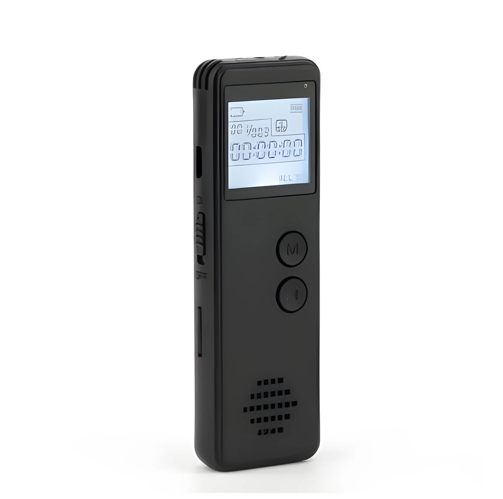 Black long distance MP3 digital voice recorder showing front display and buttons.