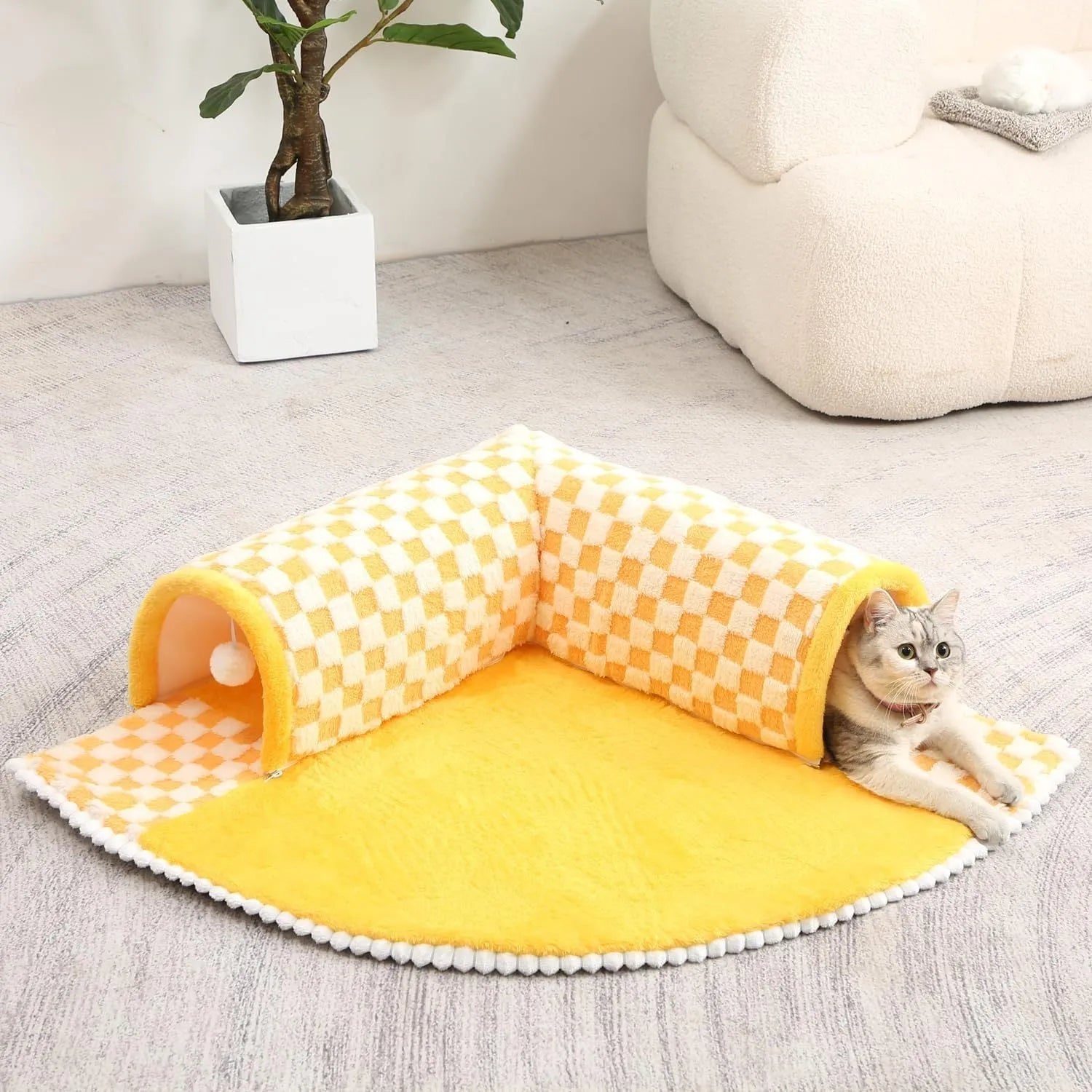 Coffee and yellow plaid fan-shaped pet bed tunnel with a thick plush mat and anti-slip base.