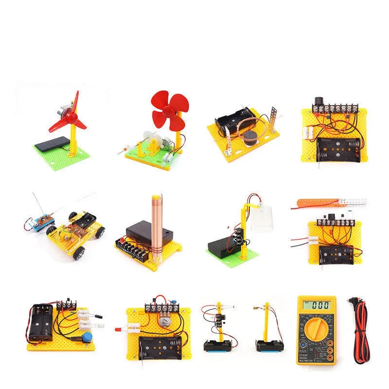 DIY electronic science experiment set with plastic solar fan, hand generator, simple motor, and music doorbell parts
