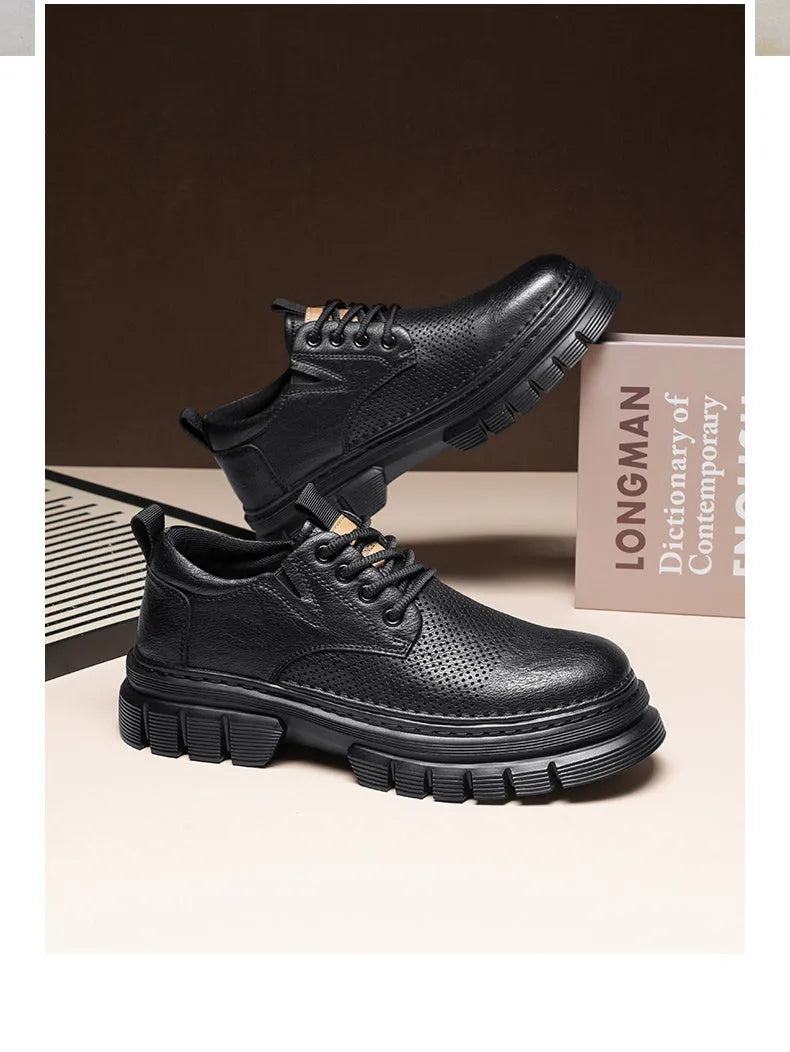 Genuine leather breathable platform height increasing lace-up casual shoes in black, two-layer cowhide upper, low heel under 3cm, rubber sole