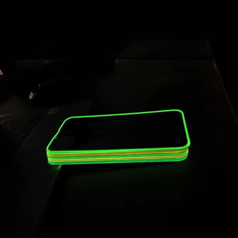 Fluorescent tempered glass screen protector for iPhone showing pink yellow green blue grass green colour options
