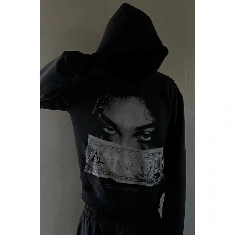 Women's loose fit black polyester hoodie with personalised dark printed design