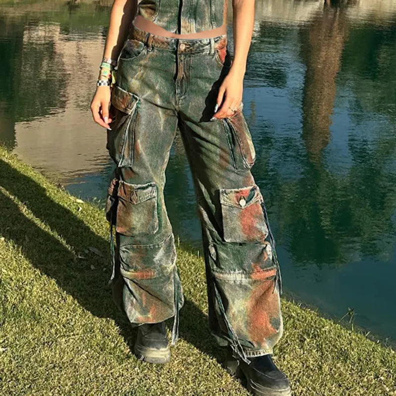 Retro colour multi-pocket loose cargo denim trousers showing gradient pockets and street hipster styling