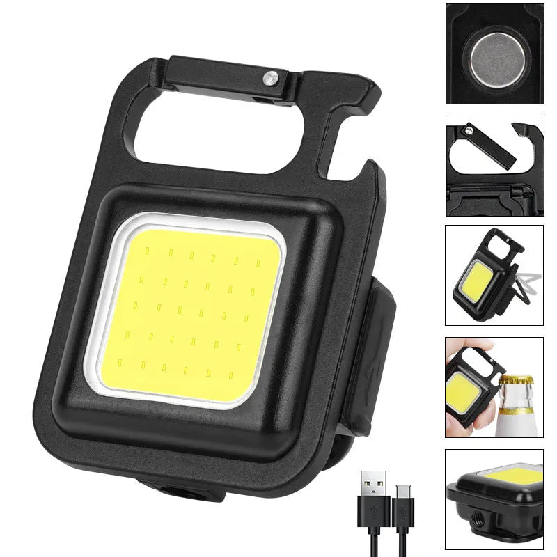 Black aluminium alloy COB keychain light with magnetic base, foldable handle, and key ring, 6x4.2cm