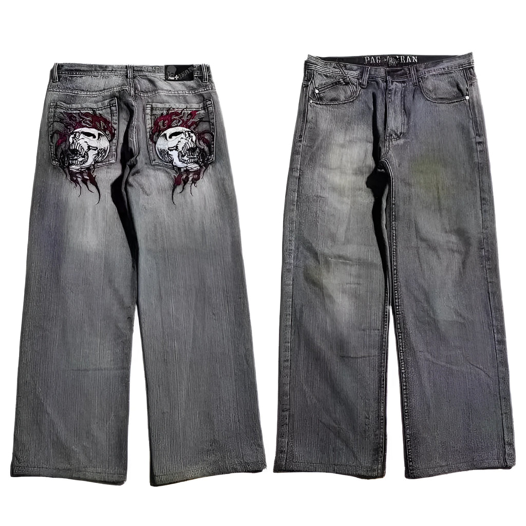 Grey washed-out men's jeans with a straight wide-leg cut and mid-rise waist