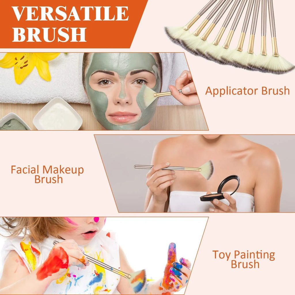 Ten champagne-coloured acrylic handle fan brushes with soft white bristles and clear protective covers.