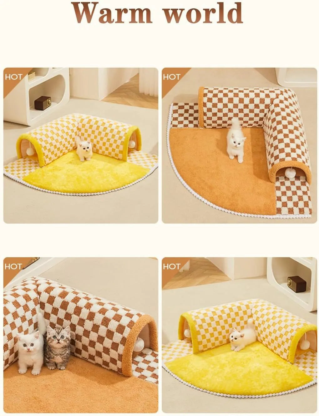 XL brown plaid plush cat tunnel bed with central mat and non-slip bottom on a wooden floor.
