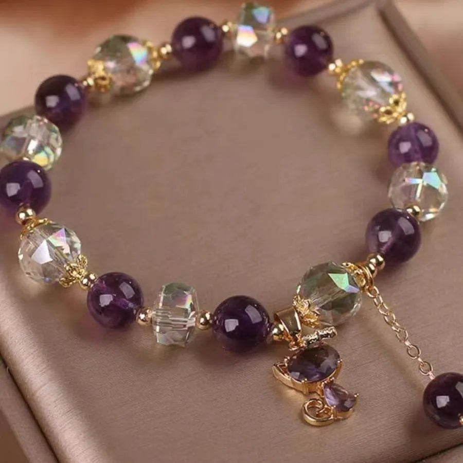 Natural amethyst fox pendant bracelet with antique-style crystal beads and geometric design