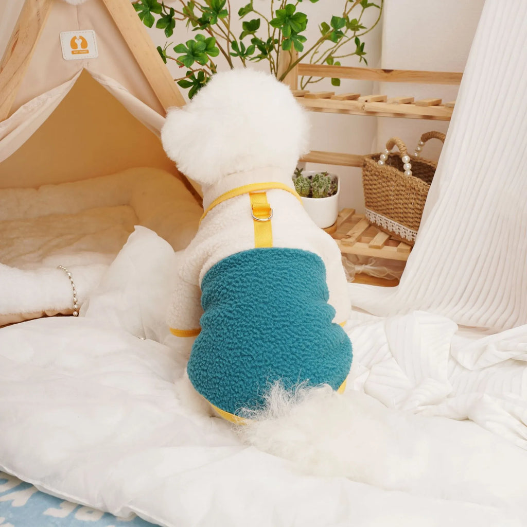 Pet autumn winter Berber fleece thickened sweatshirt in caramel colour on a small dog, side view