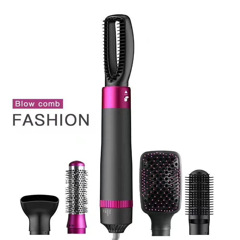 Dyson grey 5-in-1 hair dryer brush styling tool with multiple brush attachments on white background