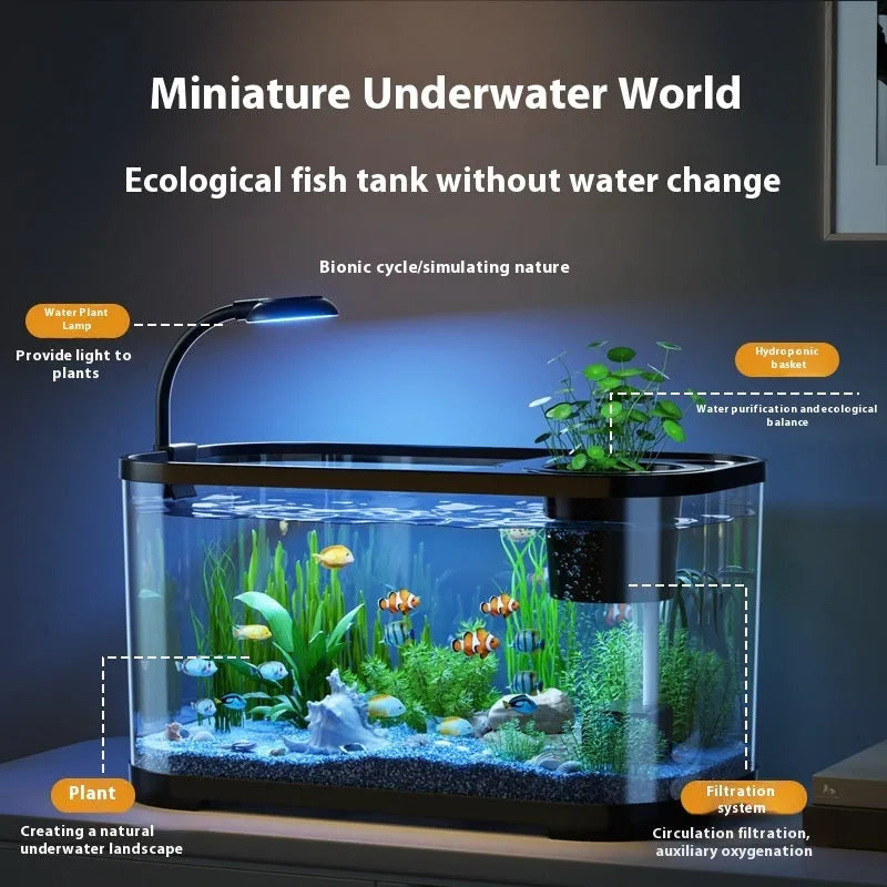 Desktop smart fish tank with integrated ecological filter system in luxury white or black colour