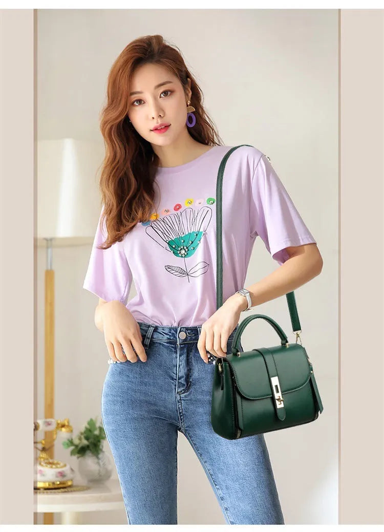 Women's soft PU leather messenger bag in square vertical design, shown in one of four colours: black, red, green, or blue.