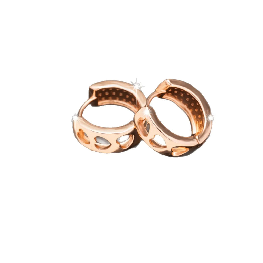 Rose gold circular earrings with three hollow heart cut-outs