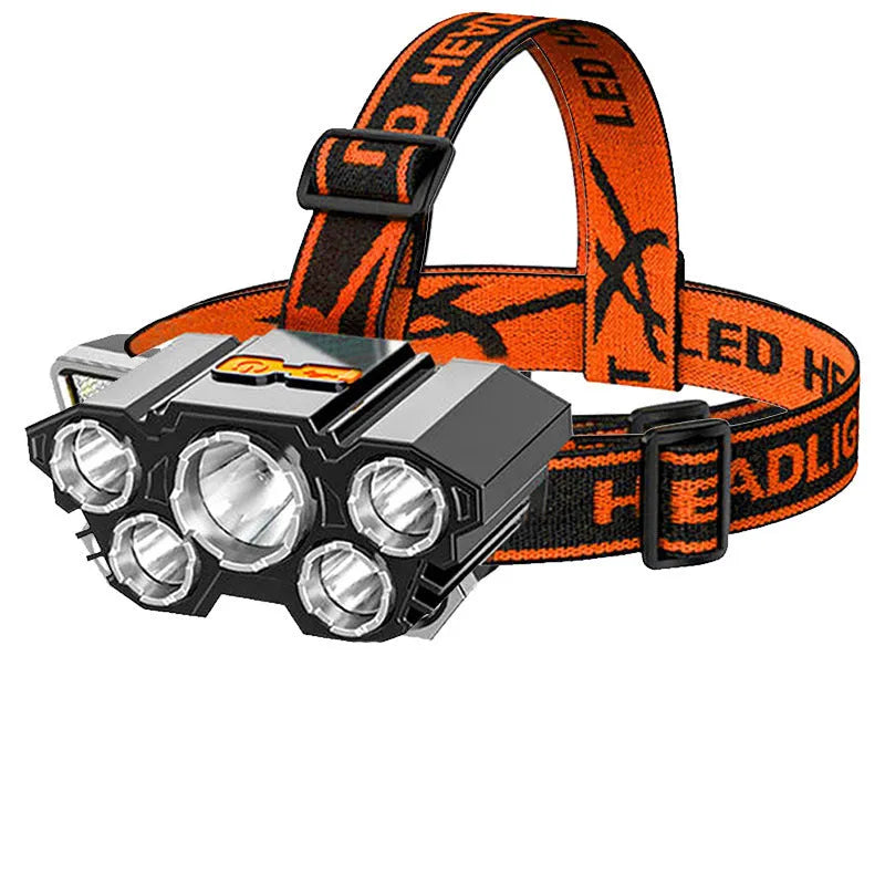 Super Bright LED miner's headlamp with head strap, shown with data cable and packaging.
