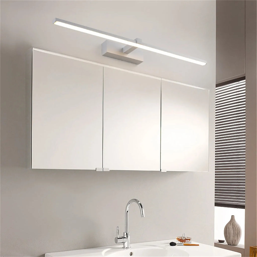 Black 40x8cm LED bathroom wall makeup lamp with warm light above a mirror