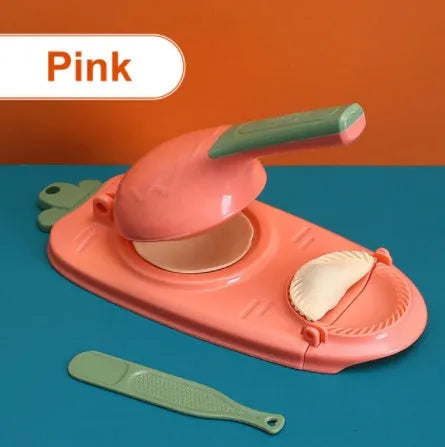 2-in-1 plastic dumpling dough press maker in orange and white, with ergonomic handle and hanging hole for storage