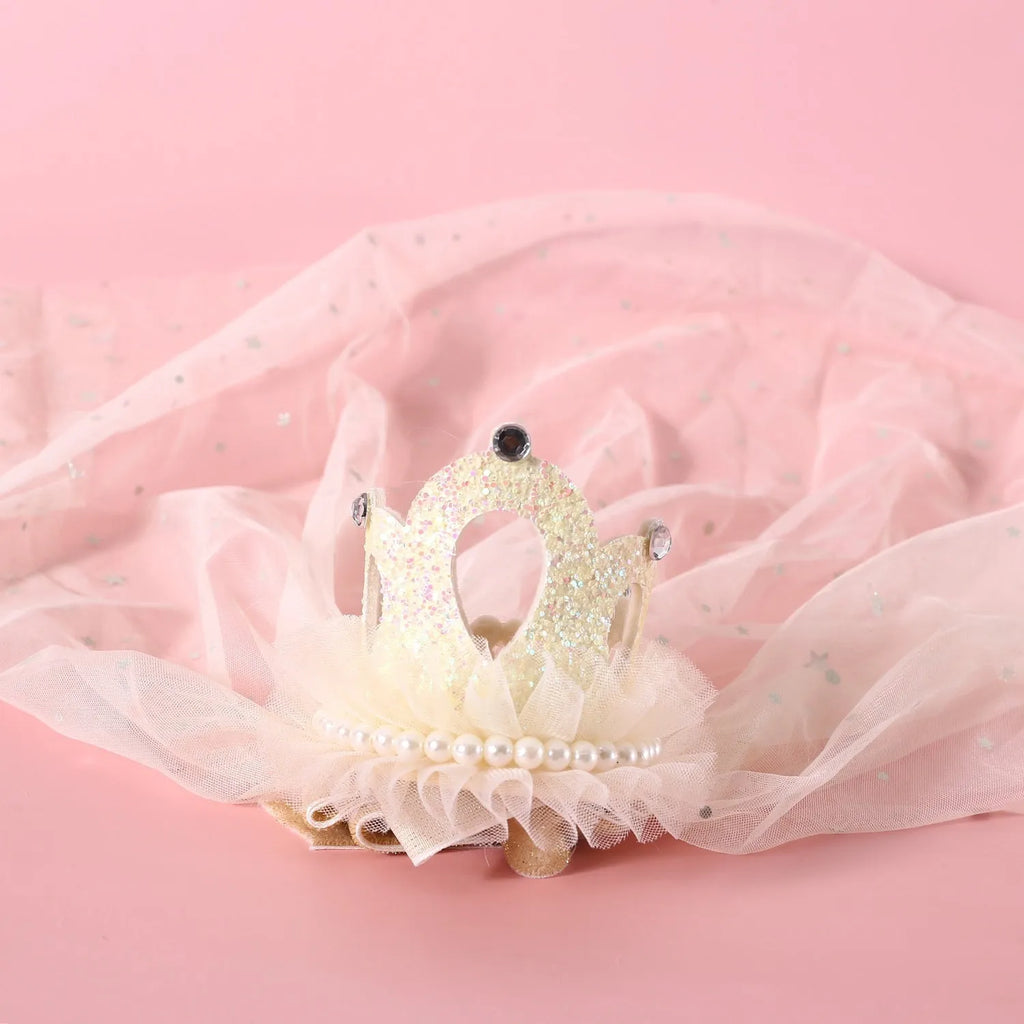 Pet cat wearing princess crown headdress with layered veil in beige or pink colour option