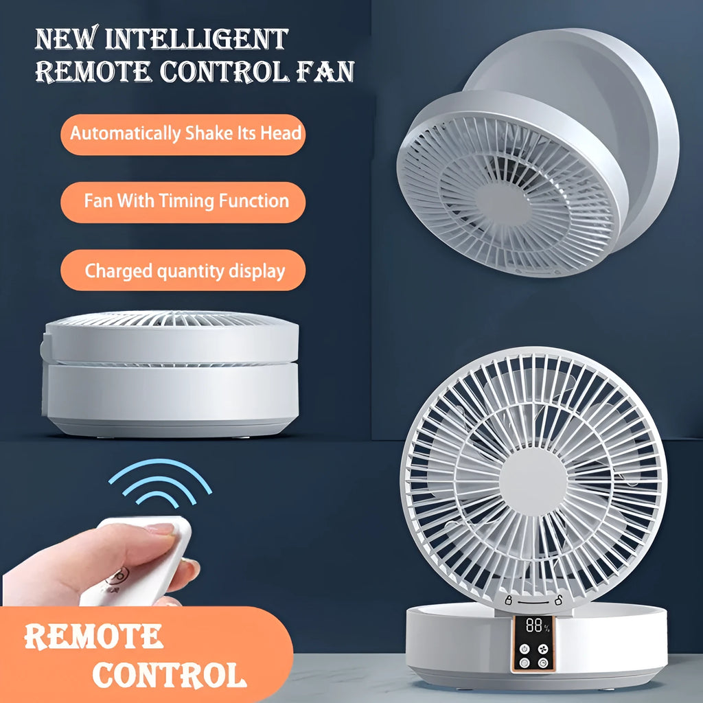White portable folding fan with night light on a table, remote control beside it, showing its compact size.