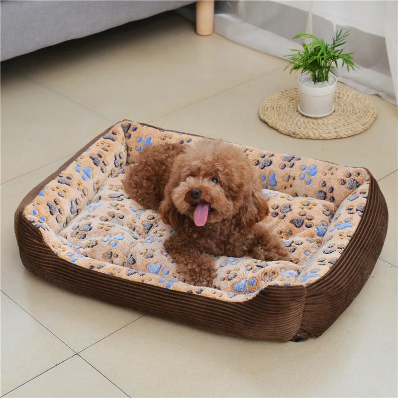 Soft beige plush dog bed with raised sides for small dogs, showing sofa-style design