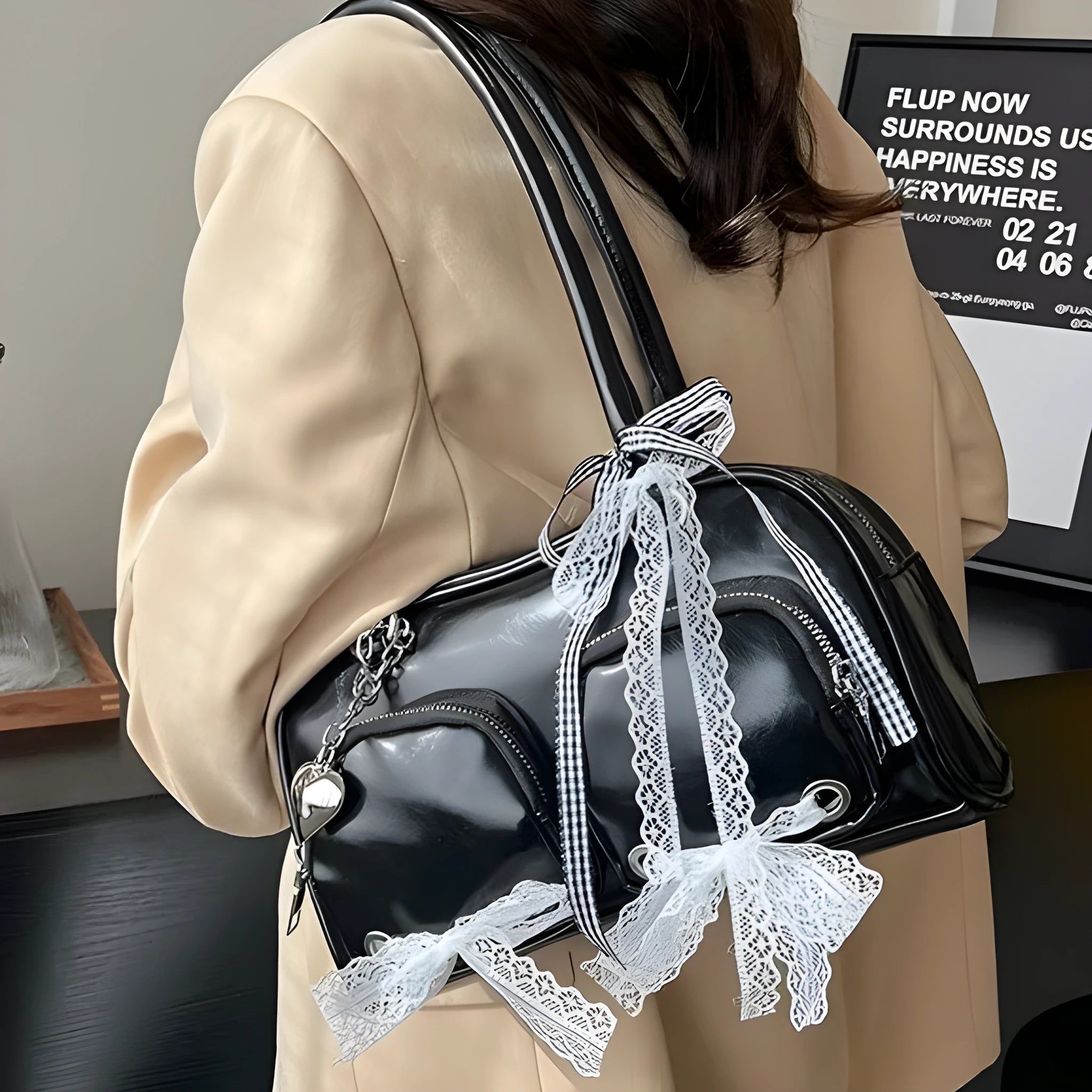 Women's beige horizontal square PU shoulder bag with double straps and internal phone compartment
