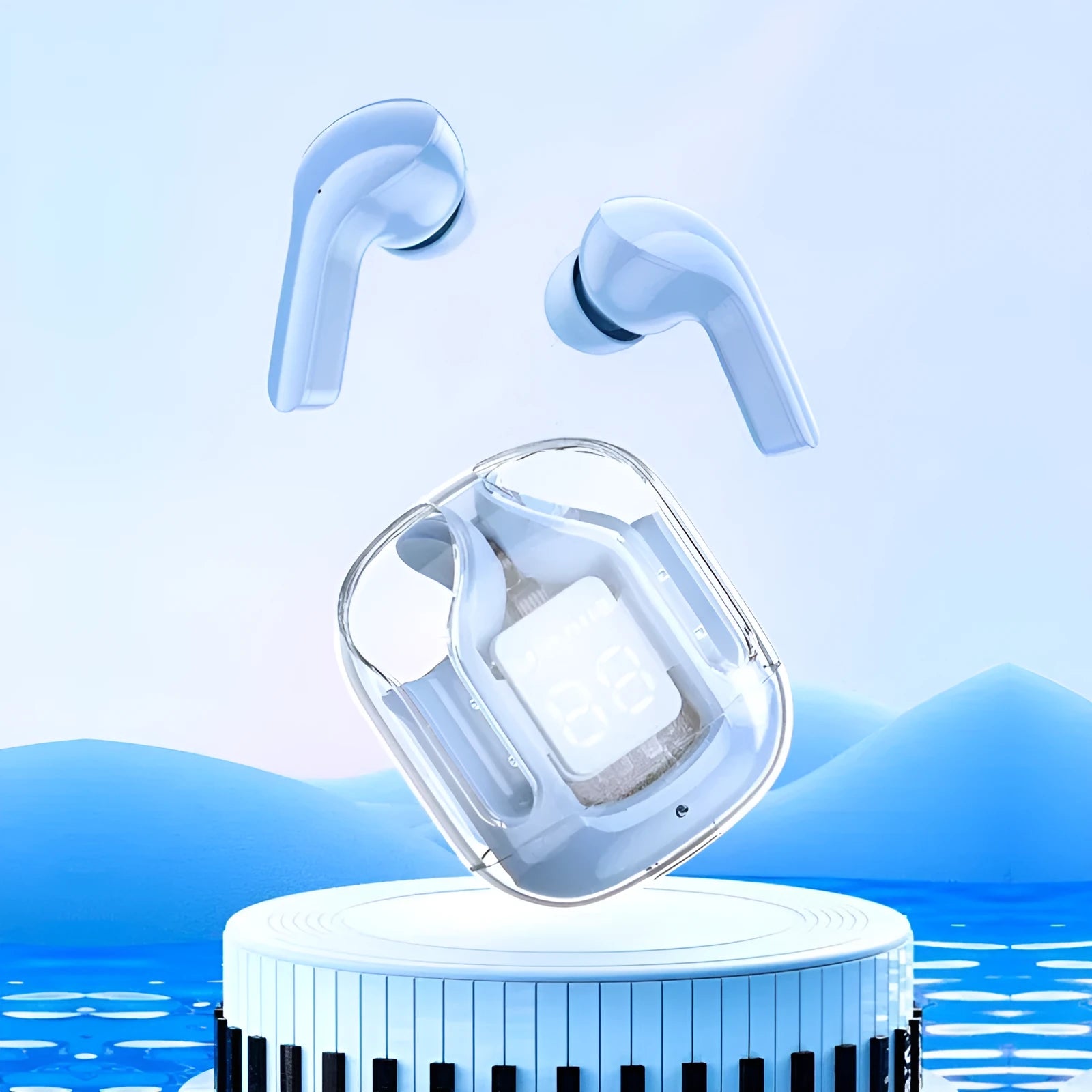 Transparent space capsule case containing black Bluetooth earphones with a digital battery display screen.