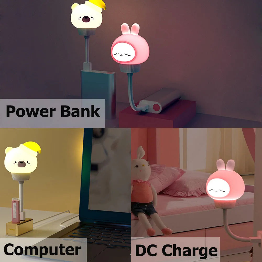 Cartoon animal USB night light with remote control showing bear, rabbit, duck and kitten designs