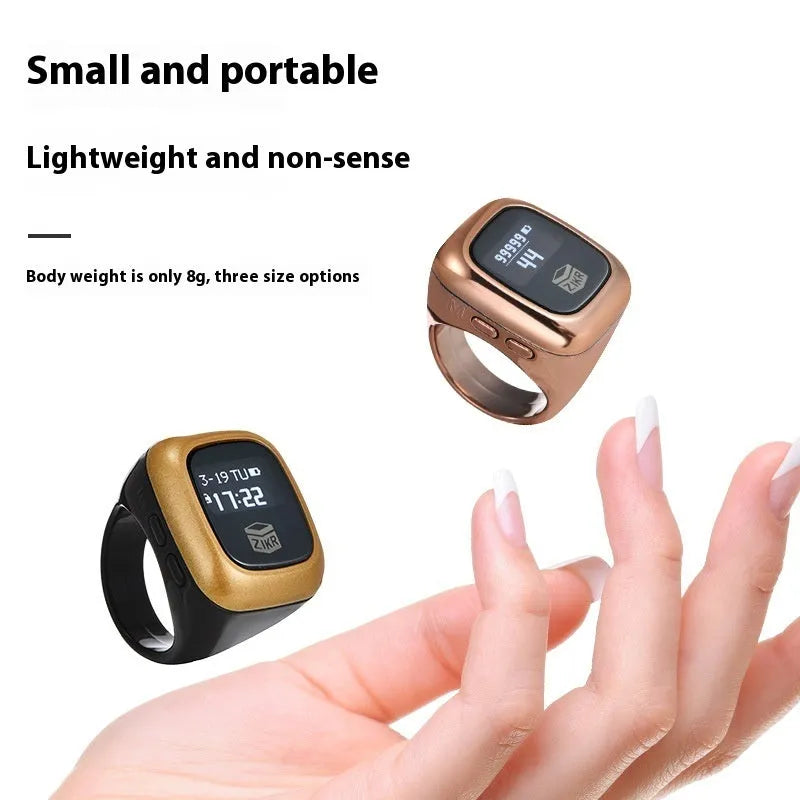 Electronic dhikr counter with digital display shown in various colours and bead sizes.
