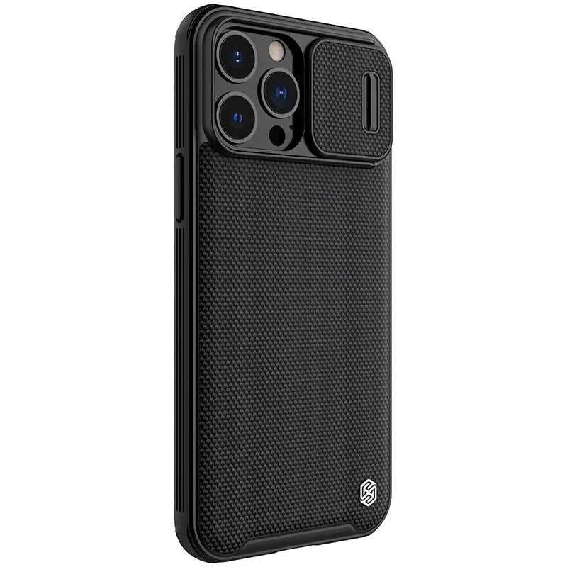 Black textured PC TPU sliding phone case for iPhone 13 Pro Max, 13 Pro, and 13 – back cover view