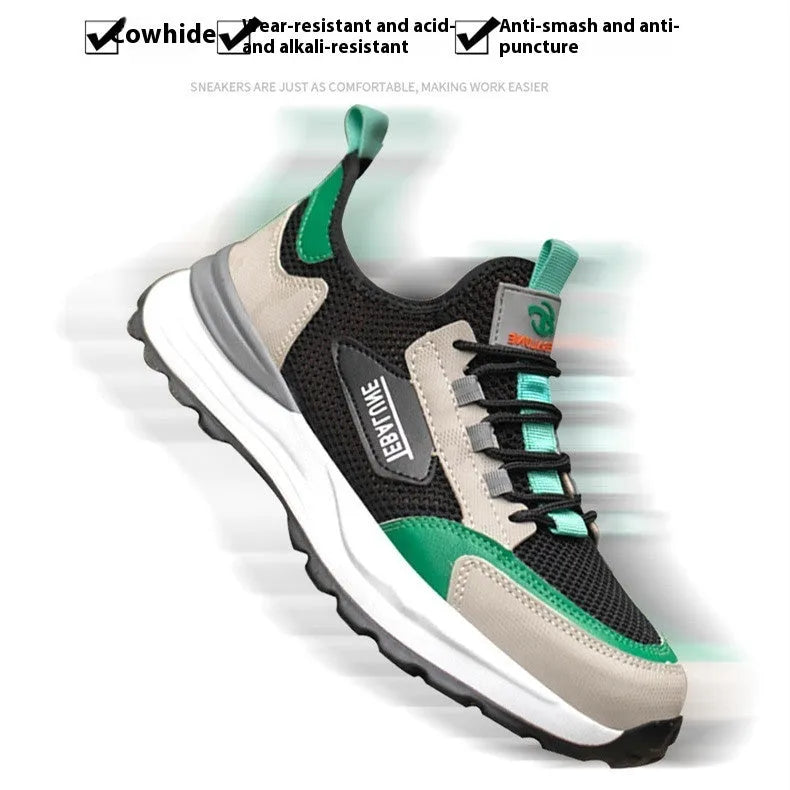 Black and green low-top lightweight mesh plastic steel toe safety shoes on white background