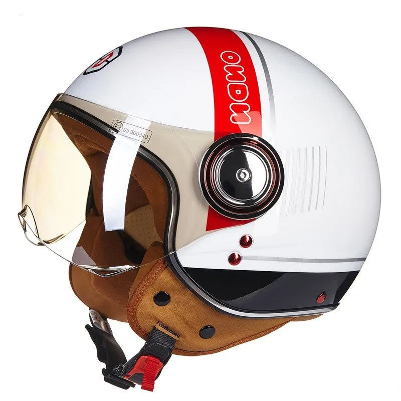 Battery car half helmet in Bright White Red Blue colour, lightweight semi-covered ABS construction, size M to XL