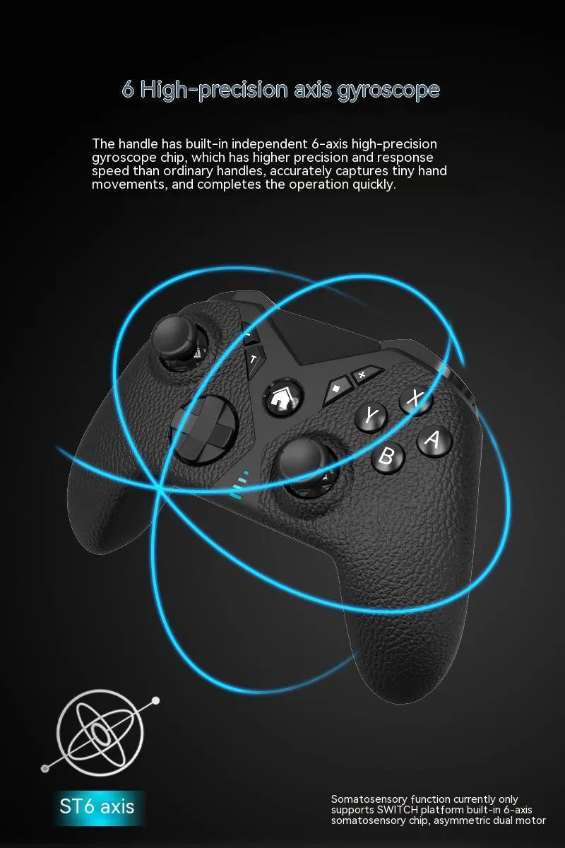 Black wireless Bluetooth game controller with leather-textured finish for Nintendo Switch, smartphones, and PC gaming