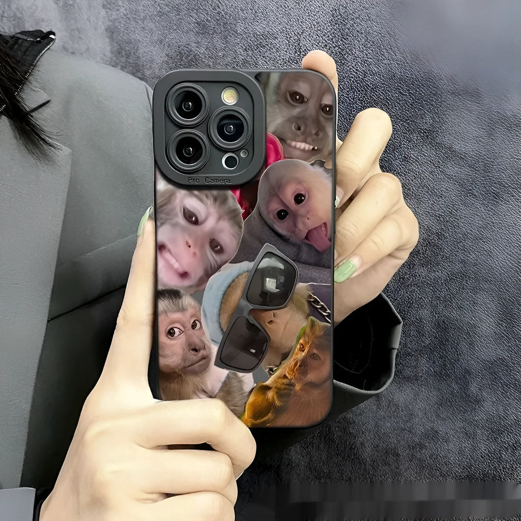 Black TPU phone case with trendy monkey print for Apple 15 Pro, shockproof and anti-fall design