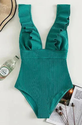 Women's one-piece swimsuit with ruffled shoulder straps and back lace in black