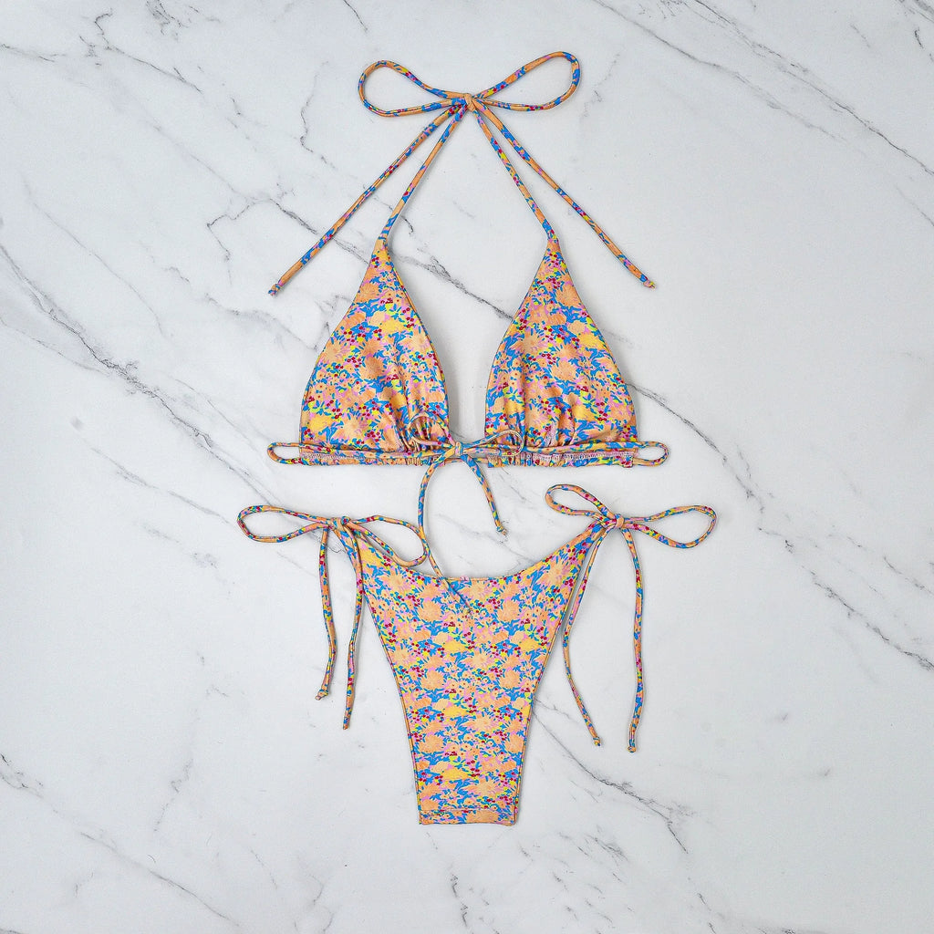 Women's lace-up front triangle bikini top and split high-cut briefs swimsuit set